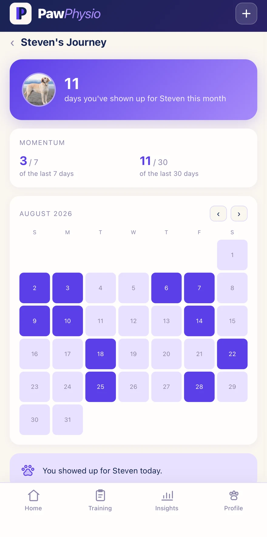 PawPhysio Journey screen showing a month of logged sessions on a calendar